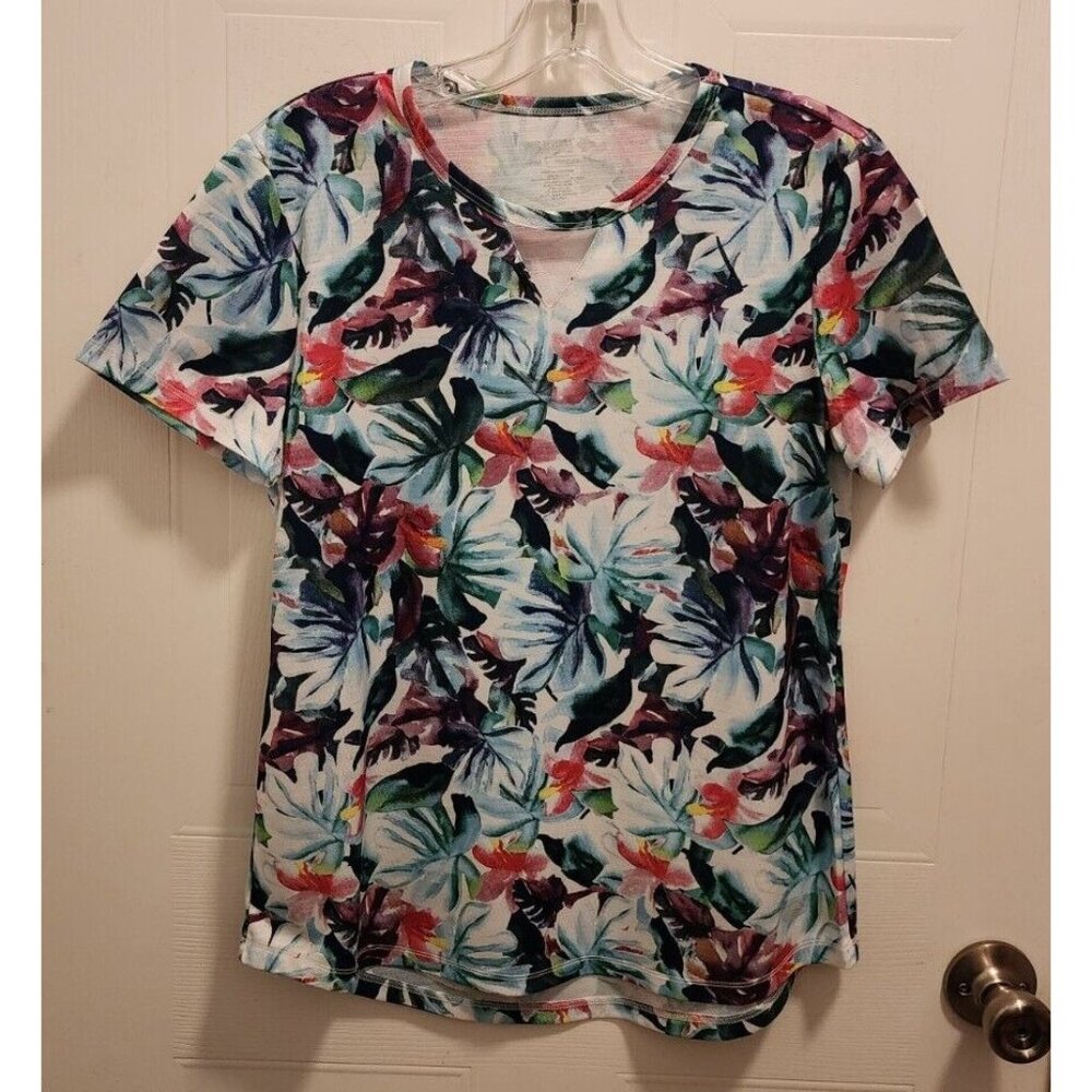 Reel Legends Womens Freeline Short Sleeve Cutout Neck Top Polyester Floral Sz PM
